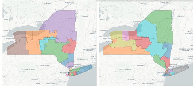 A side-by-side comparison of the congressional maps. The Democrats' version is on the left while the Republicans' version is on the right.